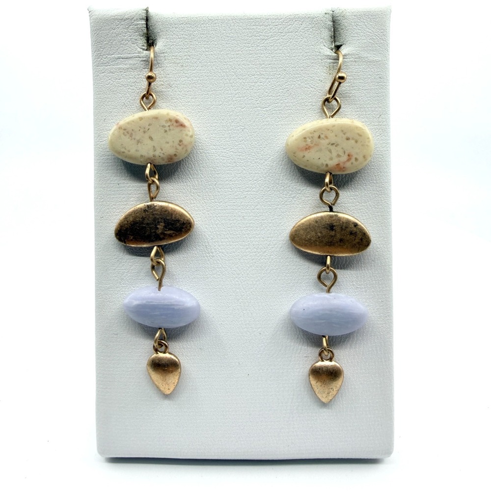 Vintage Boho Gold Tone Blue Lace Agate Dangle Earrings